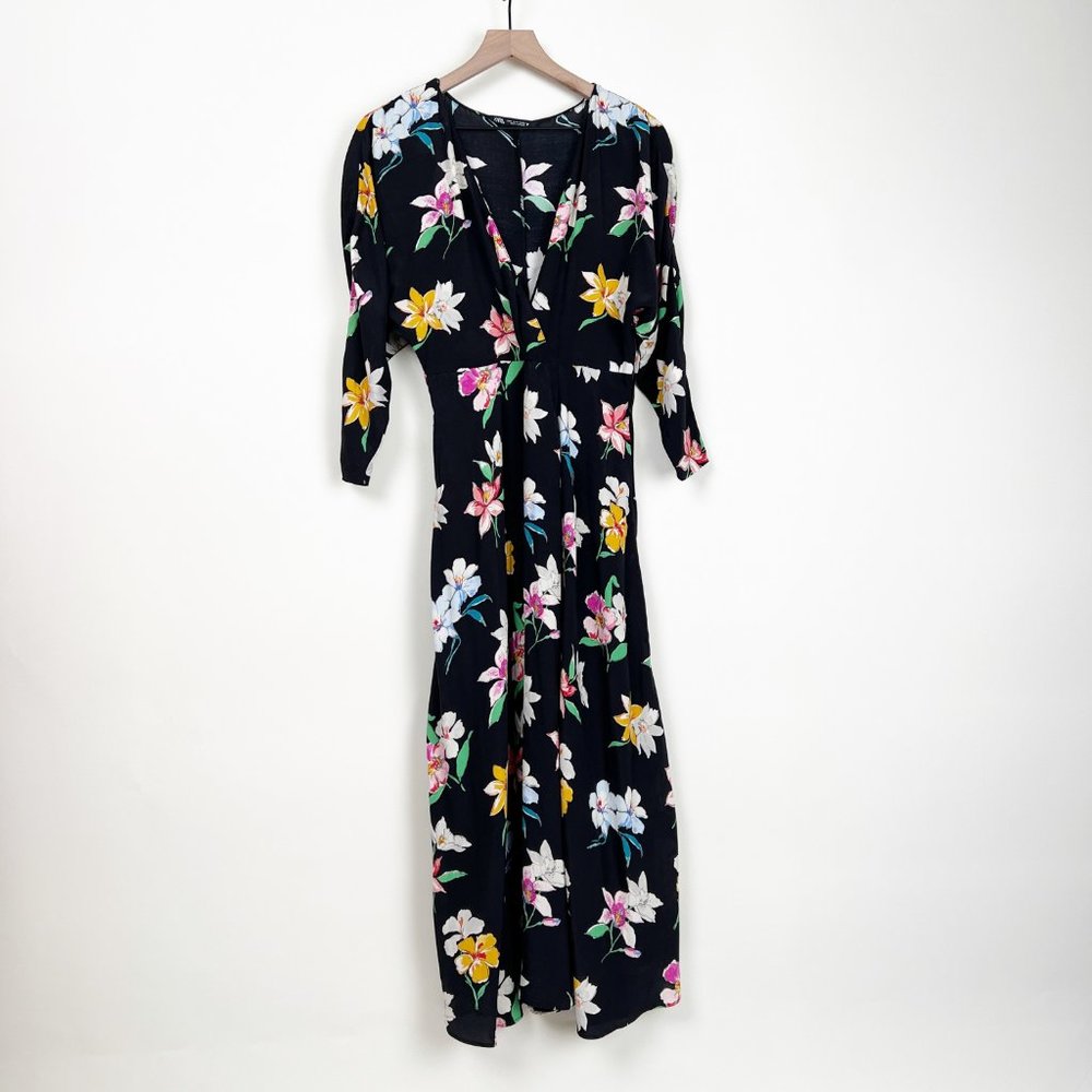 Zara Floral Maxi Dress Plunge Front V-Neck Pleated Pockets Wedding Guest Travel - Picture 7 of 13